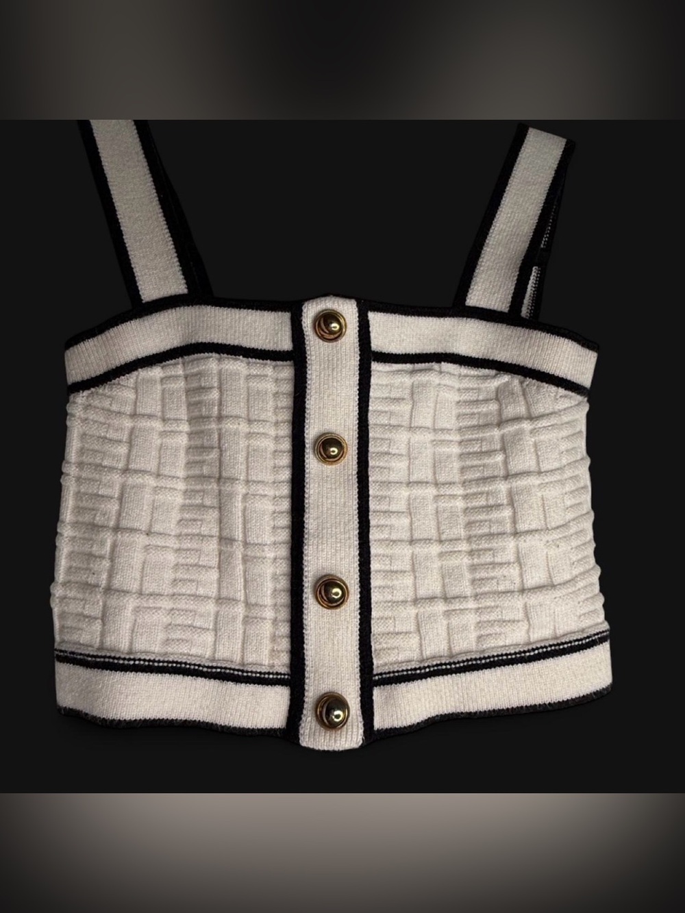 SHEIN Classic White Knit Button-Front Crop Top with Black Trim. Size Small. - Picture 2 of 4